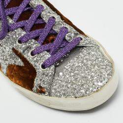 Pre Owned Golden Goose Brown/Silver Velvet and Glitter Superstar Low Top Sneakers Size 38