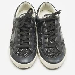 Pre Owned Golden Goose Black Glitter and Leather Superstar Low Top Sneakers Size 38