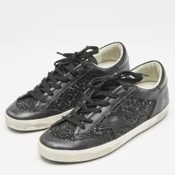 Pre Owned Golden Goose Black Glitter and Leather Superstar Low Top Sneakers Size 38