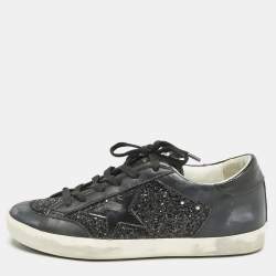 Pre Owned Golden Goose Black Glitter and Leather Superstar Low Top Sneakers Size 38