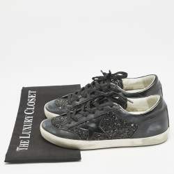 Pre Owned Golden Goose Black Glitter and Leather Superstar Low Top Sneakers Size 38