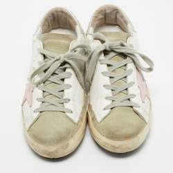 Pre Owned Golden Goose White/Grey Leather and Suede Super Star Sneakers Size 36