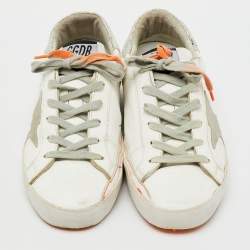 Golden Goose White/Orange Leather and Suede Superstar Low Top Sneakers Size 37