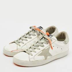 Golden Goose White/Orange Leather and Suede Superstar Low Top Sneakers Size 37