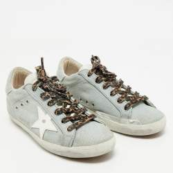 Pre Owned Golden Goose Blue Denim and Leather Superstar Lace Up Sneakers Size 39