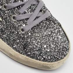Pre Owned Golden Goose Silver/White Glitter and Leather High Top Francy Sneakers Size 40