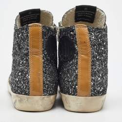 Pre Owned Golden Goose Silver/White Glitter and Leather High Top Francy Sneakers Size 40
