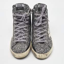 Pre Owned Golden Goose Silver/White Glitter and Leather High Top Francy Sneakers Size 40