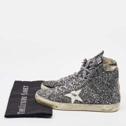 Pre Owned Golden Goose Silver/White Glitter and Leather High Top Francy Sneakers Size 40