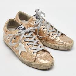 Pre Owned Golden Goose Metallic Gold Glitter PVC Superstar Low Top Sneakers Size 40
