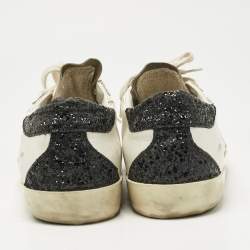 Pre Owned Golden Goose White/Black Glitter and Leather Super Star Lace Up Sneakers Size 39