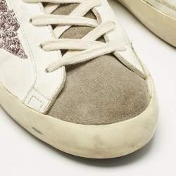 Pre Owned Golden Goose White/Black Glitter and Leather Super Star Lace Up Sneakers Size 39