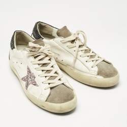 Pre Owned Golden Goose White/Black Glitter and Leather Super Star Lace Up Sneakers Size 39