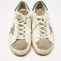 Pre Owned Golden Goose White/Black Glitter and Leather Super Star Lace Up Sneakers Size 39