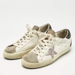 Pre Owned Golden Goose White/Black Glitter and Leather Super Star Lace Up Sneakers Size 39