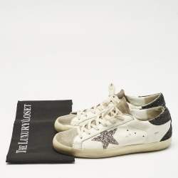 Pre Owned Golden Goose White/Black Glitter and Leather Super Star Lace Up Sneakers Size 39