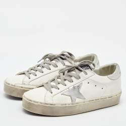 Pre Owned Golden Goose White/Silver Leather Hi Star Low Top Sneakers Size 38