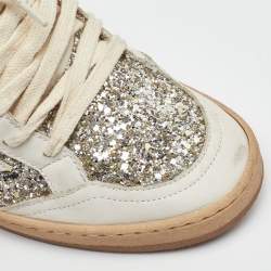 Pre Owned Golden Goose White/Silver Glitter and Leather Ball Star Low Top Sneakers Size 39