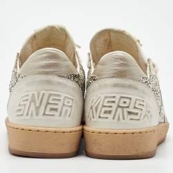 Pre Owned Golden Goose White/Silver Glitter and Leather Ball Star Low Top Sneakers Size 39