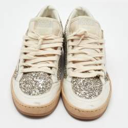 Pre Owned Golden Goose White/Silver Glitter and Leather Ball Star Low Top Sneakers Size 39