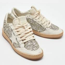 Pre Owned Golden Goose White/Silver Glitter and Leather Ball Star Low Top Sneakers Size 39