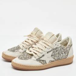 Pre Owned Golden Goose White/Silver Glitter and Leather Ball Star Low Top Sneakers Size 39