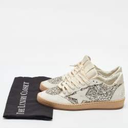 Pre Owned Golden Goose White/Silver Glitter and Leather Ball Star Low Top Sneakers Size 39