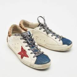 Pre Owned Golden Goose Multicolor Calf Hair and Denim Super Star Lace Up Sneakers Size 39