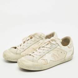 Pre Owned Golden Goose White/Grey Leather and Suede Superstar Lace Up Sneakers Size 38