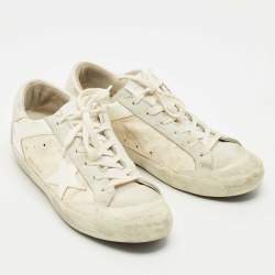 Pre Owned Golden Goose White/Grey Leather and Suede Superstar Lace Up Sneakers Size 38
