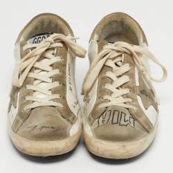 Pre Owned Golden Goose White/Grey Leather and Suede Superstar Lace Up Sneakers Size 37