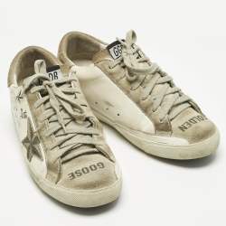 Pre Owned Golden Goose White Leather and Suede Superstar Lace Up Sneakers Size 37