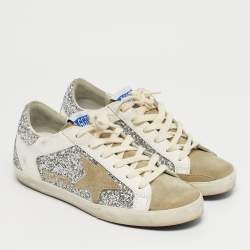 Pre Owned Golden Goose Tricolor Glitter and Leather Superstar Lace Up Sneakers Size 36