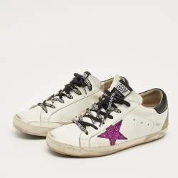 Pre Owned Golden Goose White/Grey Leather and Suede Super Star Lace Up Sneakers Size 39