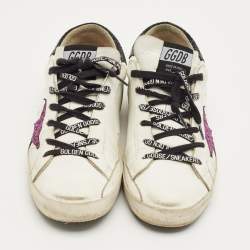 Pre Owned Golden Goose White/Grey Leather and Suede Super Star Lace Up Sneakers Size 39