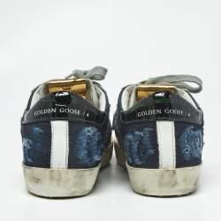 Pre Owned Golden Goose White/Blue Leather and Denim Super Star Sneakers Size 36