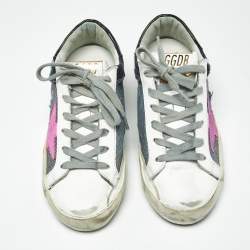 Pre Owned Golden Goose White/Blue Leather and Denim Super Star Sneakers Size 36