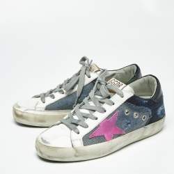 Pre Owned Golden Goose White/Blue Leather and Denim Super Star Sneakers Size 36