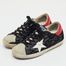 Pre Owned Golden Goose Black/Grey Lace and Suede Super Star Low Top Sneakers Size 36