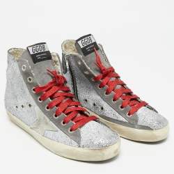 Pre Owned Golden Goose Grey Glitter and Suede Francy Sneakers Size 38