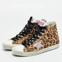 Pre Owned Golden Goose Superstar Size 38 Multicolor leopard print Calf Hair and Leather High Top Sneakers