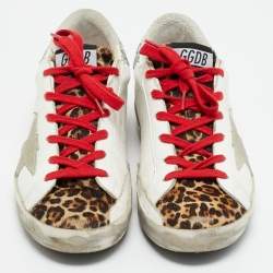 Pre Owned حذاء رياضي جولدن غوس سوبر ستار جلد عجل بطبعة فهد أبيض وجلد مقاس 39