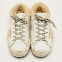 Pre Owned حذاء رياضي غولدن غوس سوبر ستار منخفض من أعلى جلد أبيض وفرو شيرلينغ مقاس 39