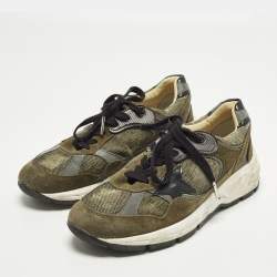 Pre Owned Golden Goose Dad-Star Size 38 Dark Green/Grey Mesh and Suede Lace Up Sneakers