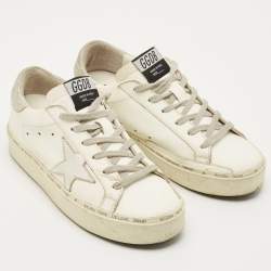 Pre Owned حذاء رياضي غولدن غوس هاي ستار جلد أبيض/فضي، منخفض القصة مقاس 37