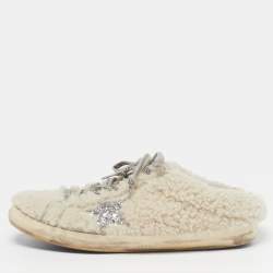 Pre Owned Golden Goose Superstar Sabot Size 40 Off White Shearling Fur Lace Up Mule Sneakers