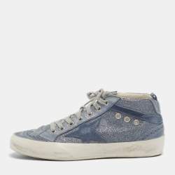 Pre Owned Golden Goose Midstar Size 37 Blue/Grey Glitter and Suede Lace Up Sneakers