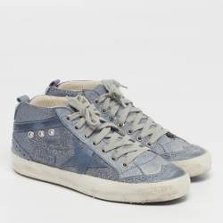 Pre Owned Golden Goose Midstar Size 37 Blue/Grey Glitter and Suede Lace Up Sneakers