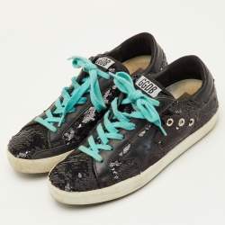Pre Owned Golden Goose Superstar Size 37 Black Sequins and Leather Low Top Sneakers