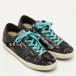 Pre Owned Golden Goose Superstar Size 37 Black Sequins and Leather Low Top Sneakers